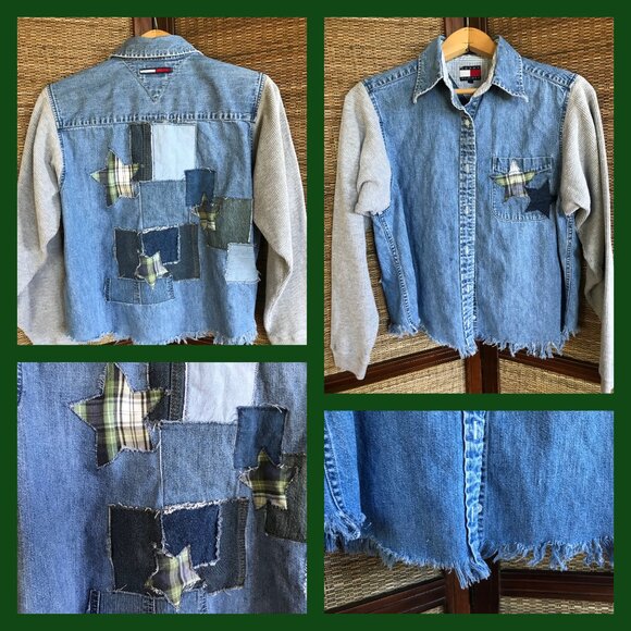 Upcycled Jean Jacket, M: Denim & Flannel Star Patchwork, Waffle Knit Sleeves - Picture 12 of 12